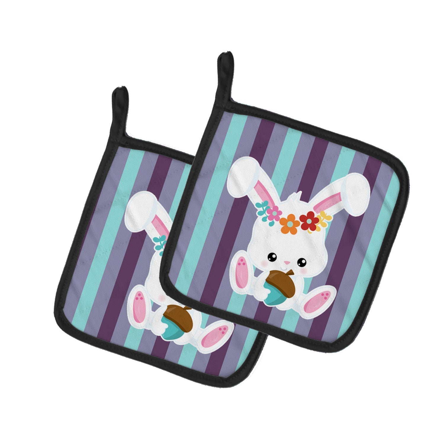 Bunny Rabbit Pot Holder Set of 2 Heat Resistant Quilted Hot Pads 7.5 x 7.5 Inch, Insulated Kitchen Trivets for Cooking & Baking