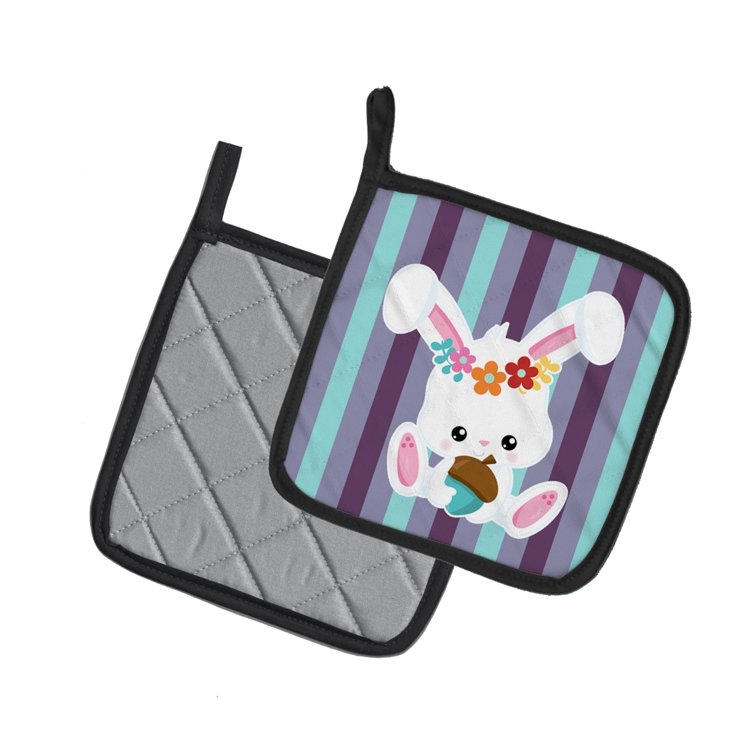 Bunny Rabbit Pot Holder Set of 2 Heat Resistant Quilted Hot Pads 7.5 x 7.5 Inch, Insulated Kitchen Trivets for Cooking & Baking