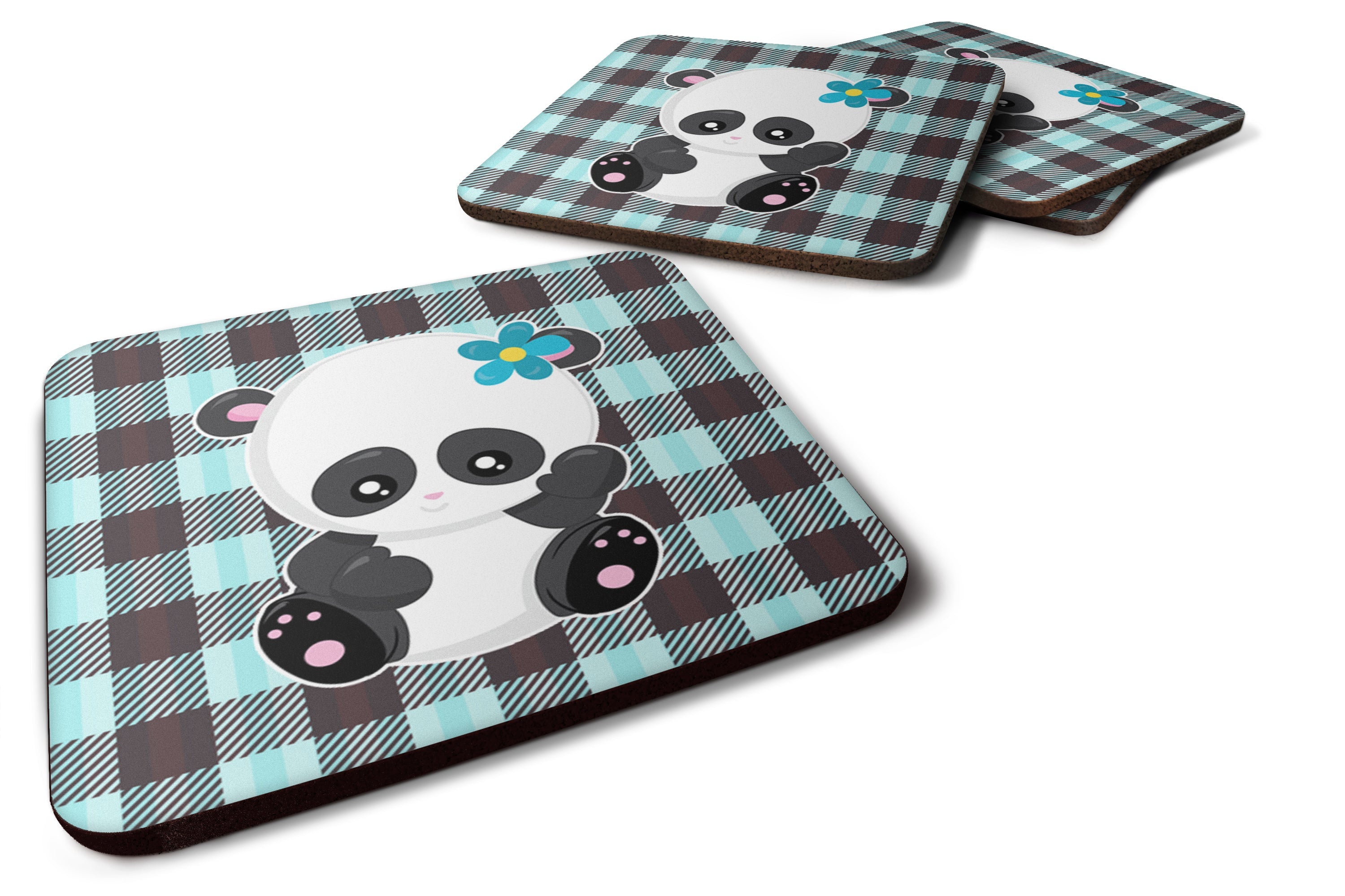Panda on Plaid Foam Coasters Set of 4 Cup Coasters for Indoor Outdoor, Tabletop Protection, Anti Slip, Mouse pad Material