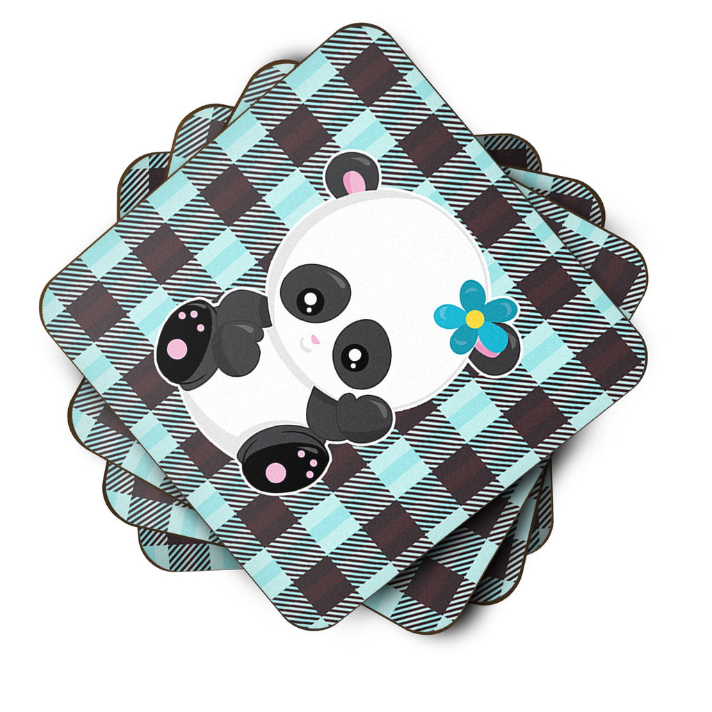 Panda on Plaid Foam Coasters Set of 4 Cup Coasters for Indoor Outdoor, Tabletop Protection, Anti Slip, Mouse pad Material