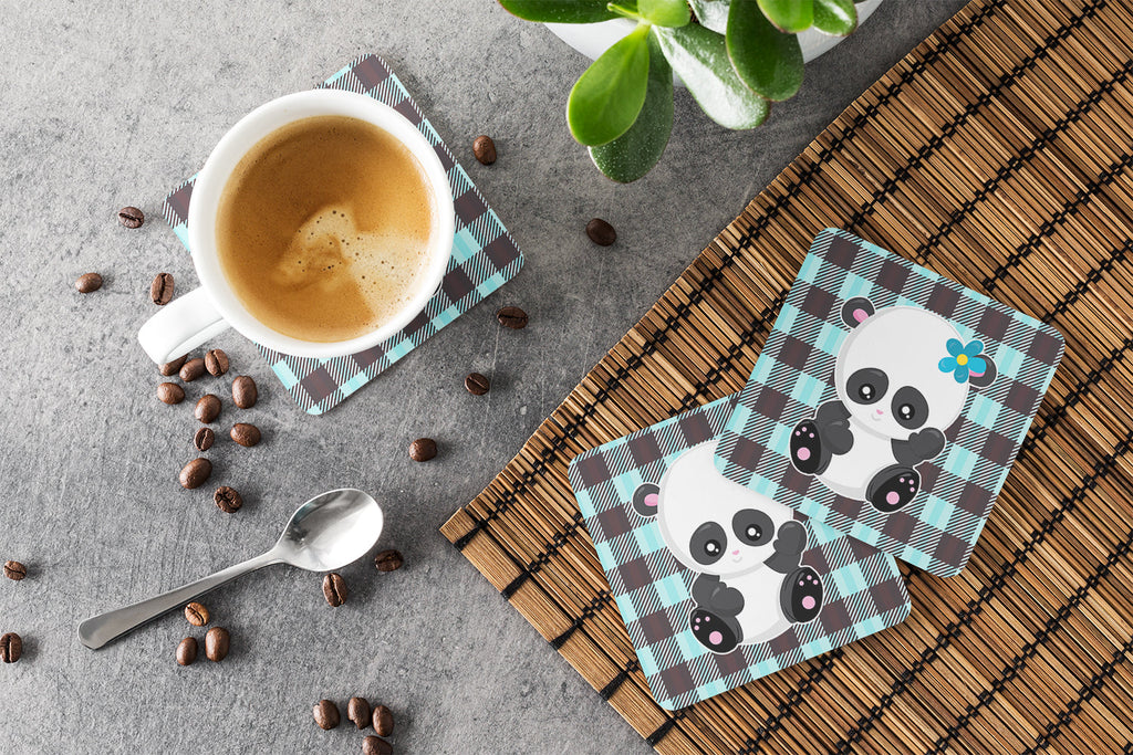 Panda on Plaid Foam Coasters Set of 4 Cup Coasters for Indoor Outdoor, Tabletop Protection, Anti Slip, Mouse pad Material
