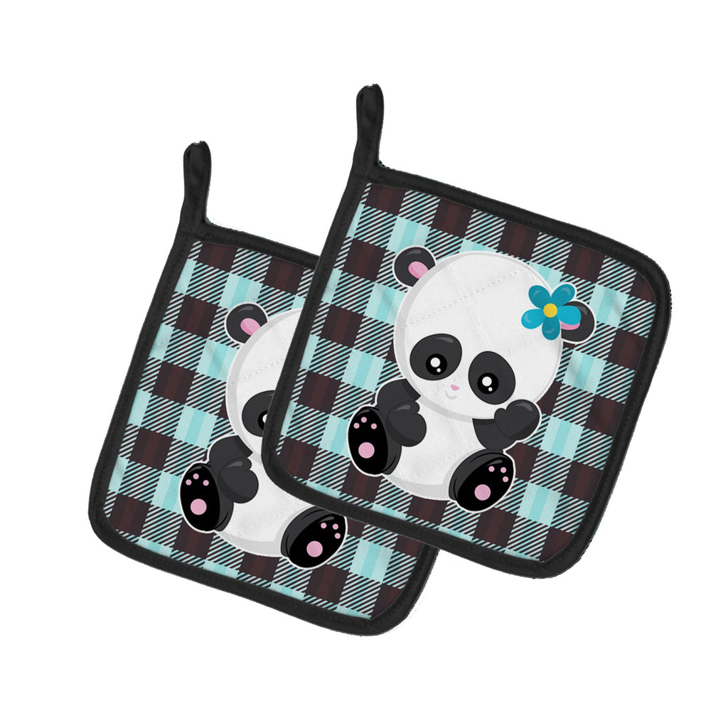 Panda on Plaid Pot Holder Set of 2 Heat Resistant Quilted Hot Pads 7.5 x 7.5 Inch, Insulated Kitchen Trivets for Cooking & Baking