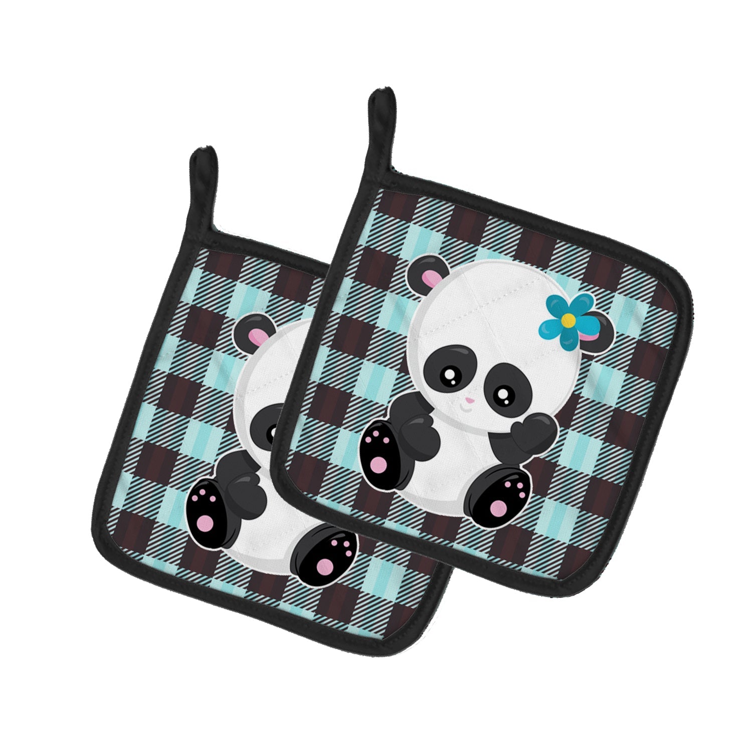 Panda on Plaid Pot Holder Set of 2 Heat Resistant Quilted Hot Pads 7.5 x 7.5 Inch, Insulated Kitchen Trivets for Cooking & Baking