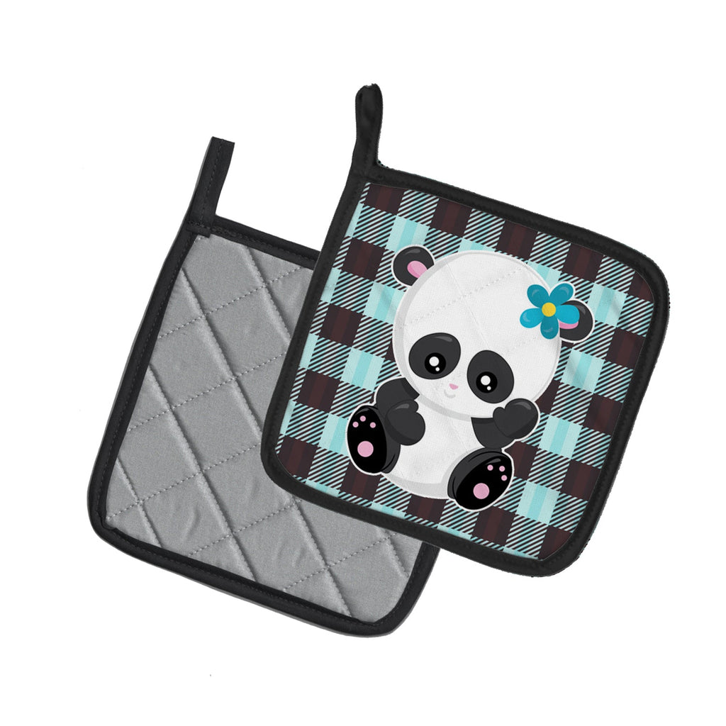 Panda on Plaid Pot Holder Set of 2 Heat Resistant Quilted Hot Pads 7.5 x 7.5 Inch, Insulated Kitchen Trivets for Cooking & Baking