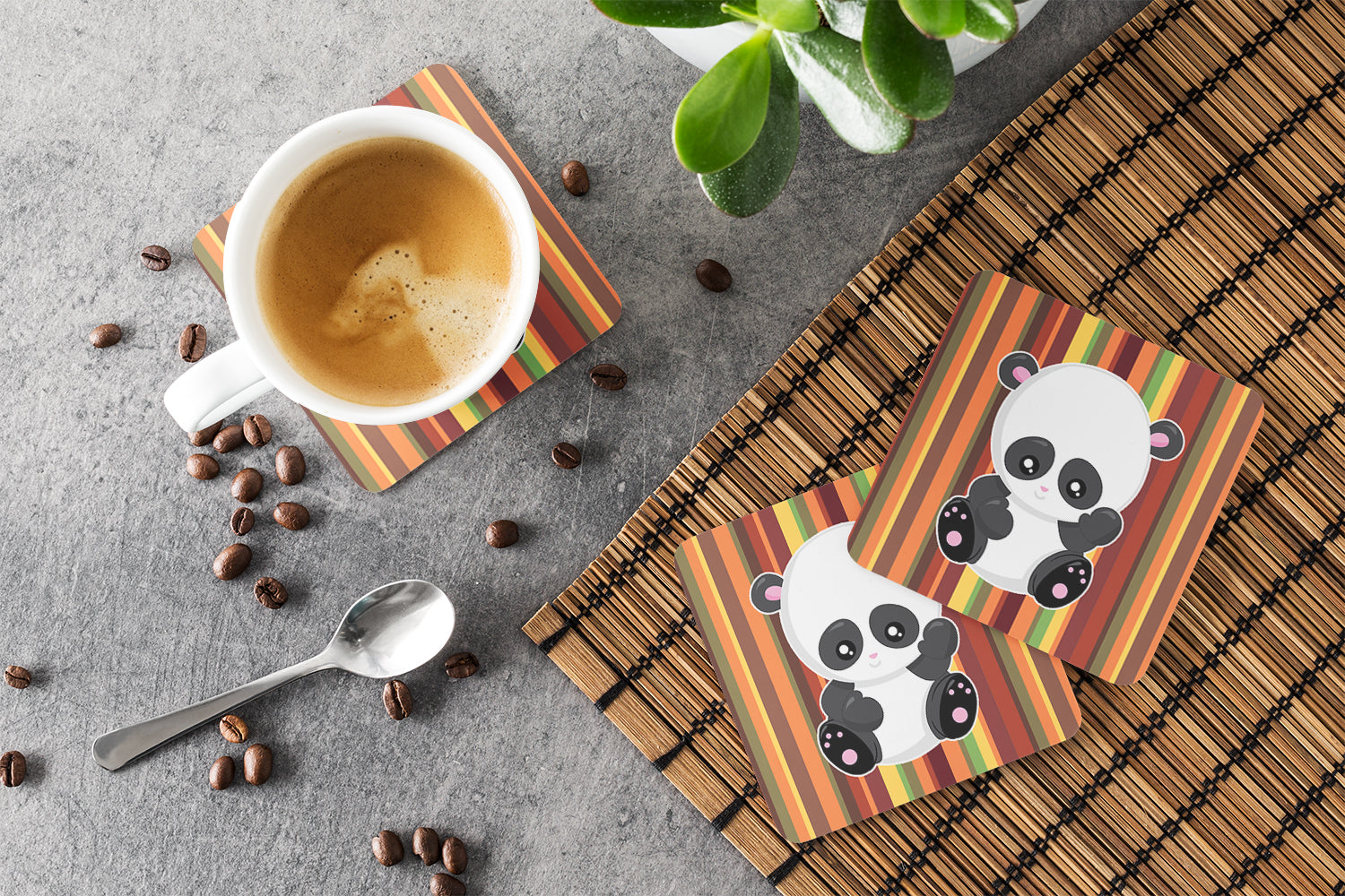 Striped Panda Foam Coasters Set of 4 Cup Coasters for Indoor Outdoor, Tabletop Protection, Anti Slip, Mouse pad Material