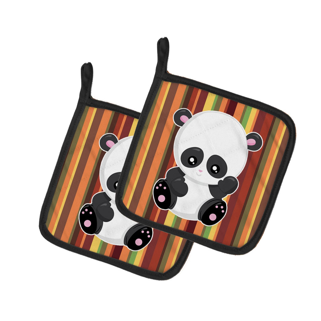 Striped Panda Pot Holder Set of 2 Heat Resistant Quilted Hot Pads 7.5 x 7.5 Inch, Insulated Kitchen Trivets for Cooking & Baking