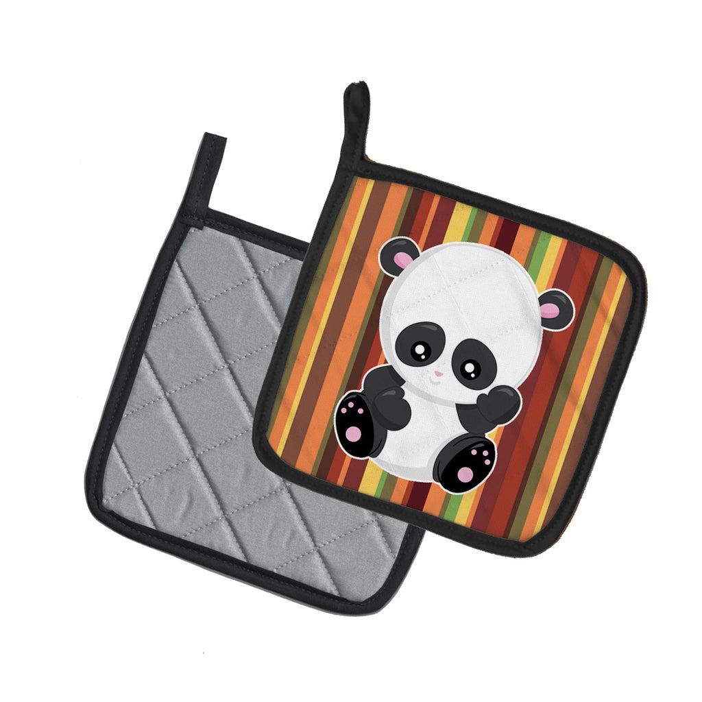 Striped Panda Pot Holder Set of 2 Heat Resistant Quilted Hot Pads 7.5 x 7.5 Inch, Insulated Kitchen Trivets for Cooking & Baking