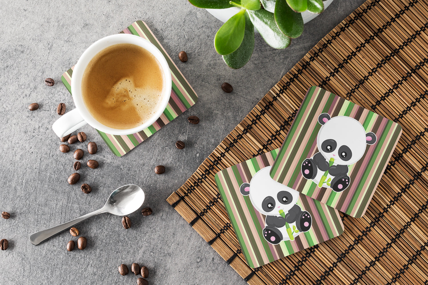 Bamboo Flute Panda Foam Coasters Set of 4 Cup Coasters for Indoor Outdoor, Tabletop Protection, Anti Slip, Mouse pad Material