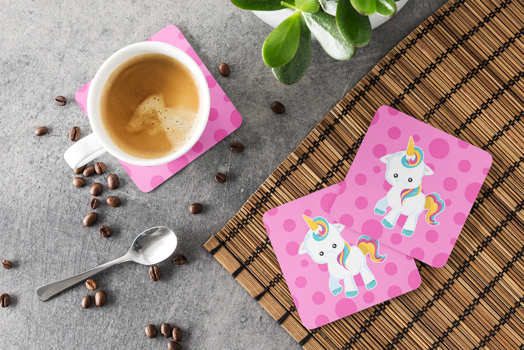 Pink Polkadot Unicorn Foam Coasters Set of 4 Cup Coasters for Indoor Outdoor, Tabletop Protection, Anti Slip, Mouse pad Material