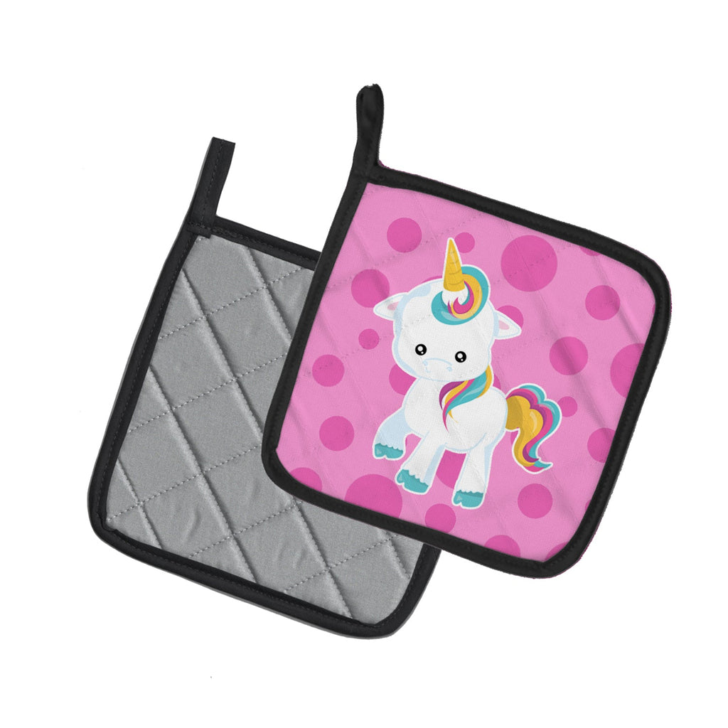 Pink Polkadot Unicorn Pot Holder Set of 2 Heat Resistant Quilted Hot Pads 7.5 x 7.5 Inch, Insulated Kitchen Trivets for Cooking & Baking