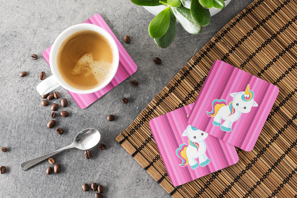 Pink Stripes Unicorn Foam Coasters Set of 4 Cup Coasters for Indoor Outdoor, Tabletop Protection, Anti Slip, Mouse pad Material