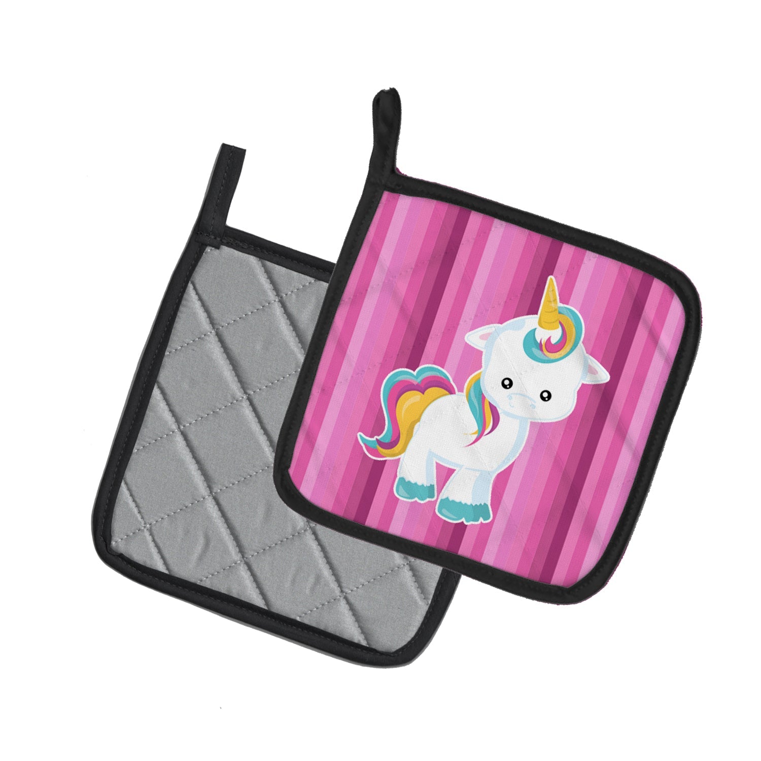 Pink Stripes Unicorn Pot Holder Set of 2 Heat Resistant Quilted Hot Pads 7.5 x 7.5 Inch, Insulated Kitchen Trivets for Cooking & Baking