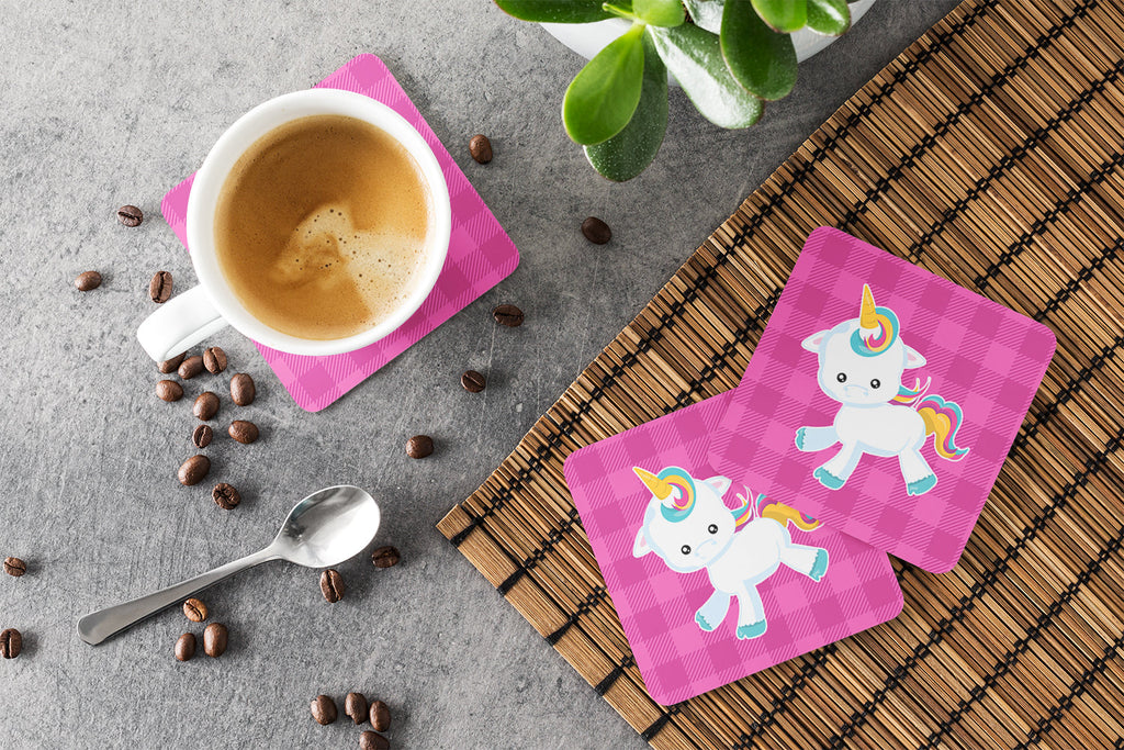 Pink Plaid Unicorn Foam Coasters Set of 4 Cup Coasters for Indoor Outdoor, Tabletop Protection, Anti Slip, Mouse pad Material