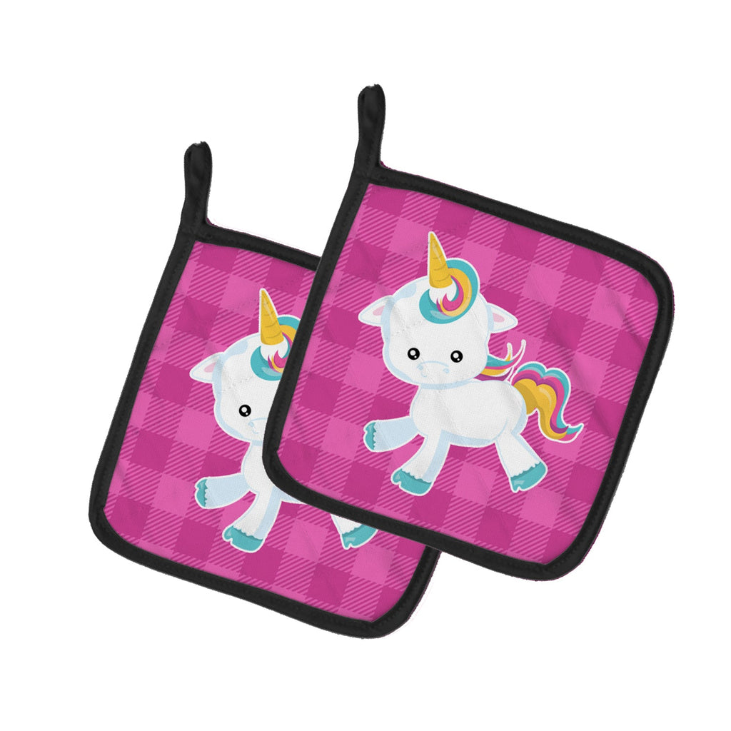 Pink Plaid Unicorn Pot Holder Set of 2 Heat Resistant Quilted Hot Pads 7.5 x 7.5 Inch, Insulated Kitchen Trivets for Cooking & Baking