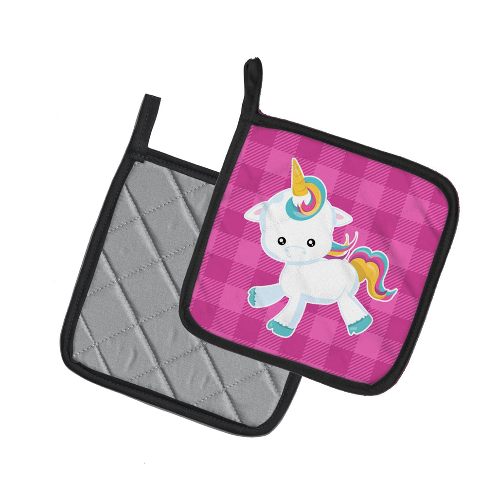 Pink Plaid Unicorn Pot Holder Set of 2 Heat Resistant Quilted Hot Pads 7.5 x 7.5 Inch, Insulated Kitchen Trivets for Cooking & Baking