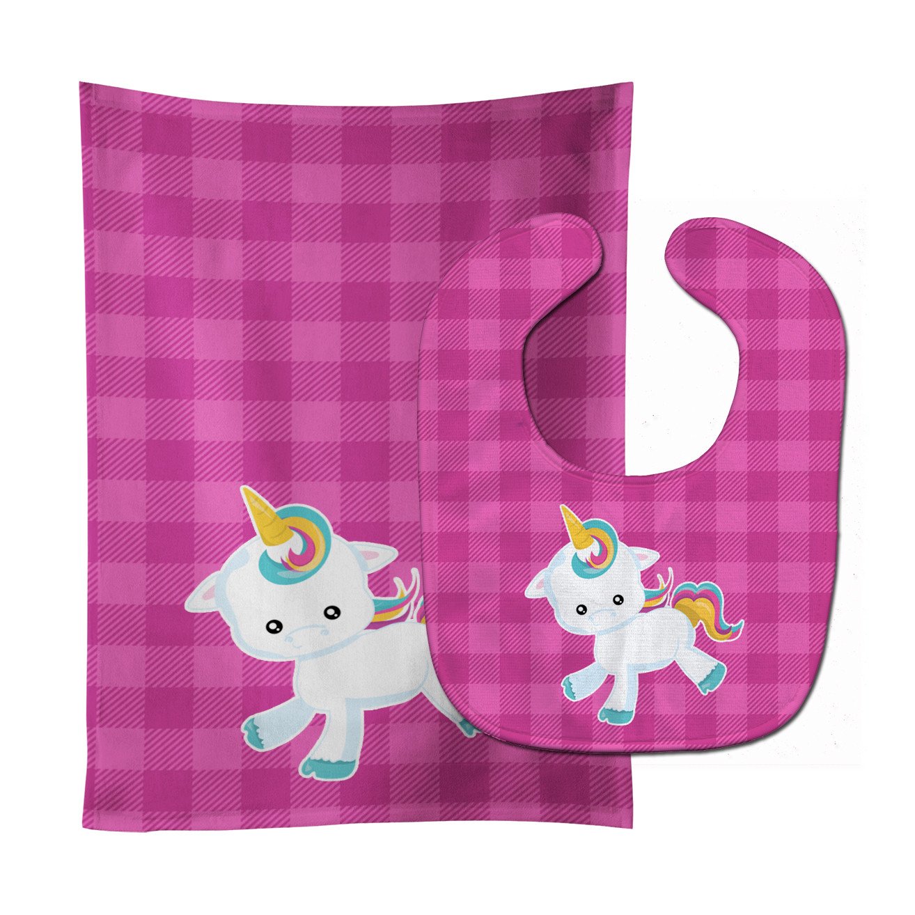 Pink Plaid Unicorn Baby Bib & Burp Cloth Easy-Clean Baby Bib Baby Feeding Accessory Baby Mealtime Essential