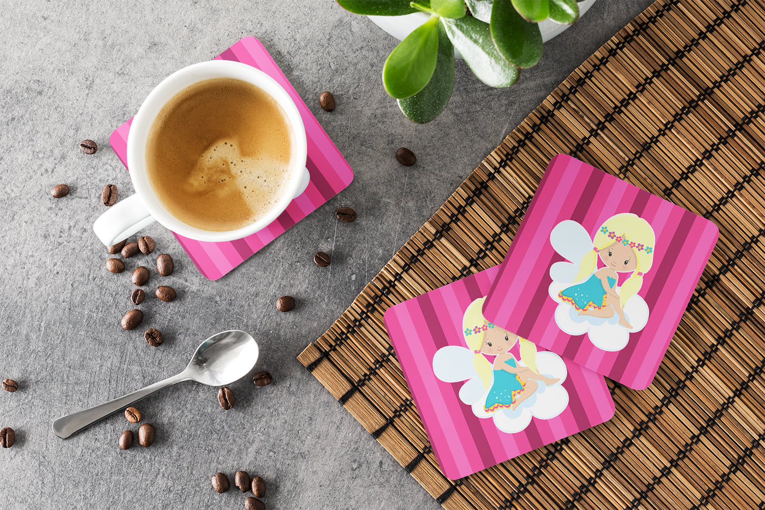 Blonde Fairy Foam Coasters Set of 4 Cup Coasters for Indoor Outdoor, Tabletop Protection, Anti Slip, Mouse pad Material