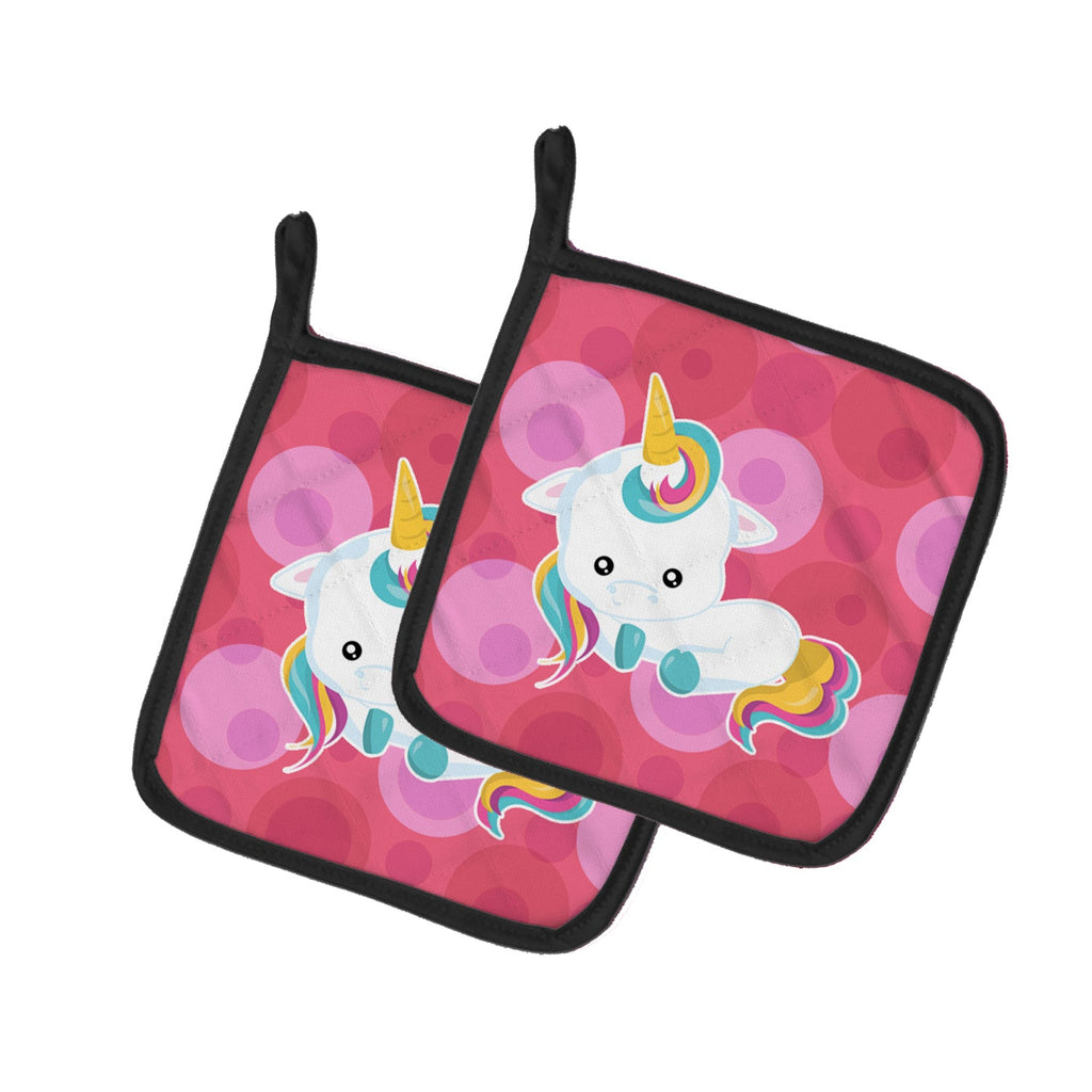 Polkadots Unicorn Pot Holder Set of 2 Heat Resistant Quilted Hot Pads 7.5 x 7.5 Inch, Insulated Kitchen Trivets for Cooking & Baking