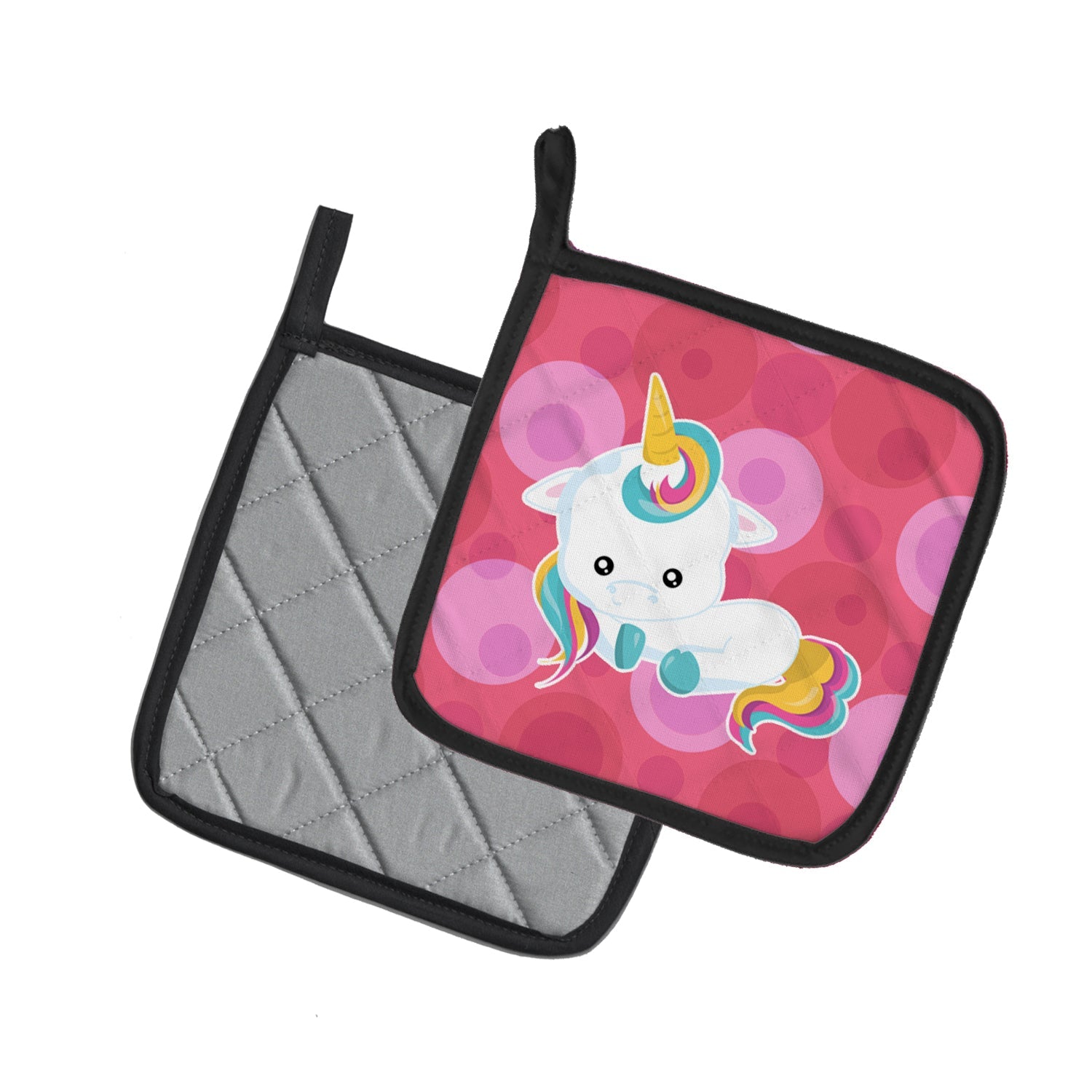 Polkadots Unicorn Pot Holder Set of 2 Heat Resistant Quilted Hot Pads 7.5 x 7.5 Inch, Insulated Kitchen Trivets for Cooking & Baking