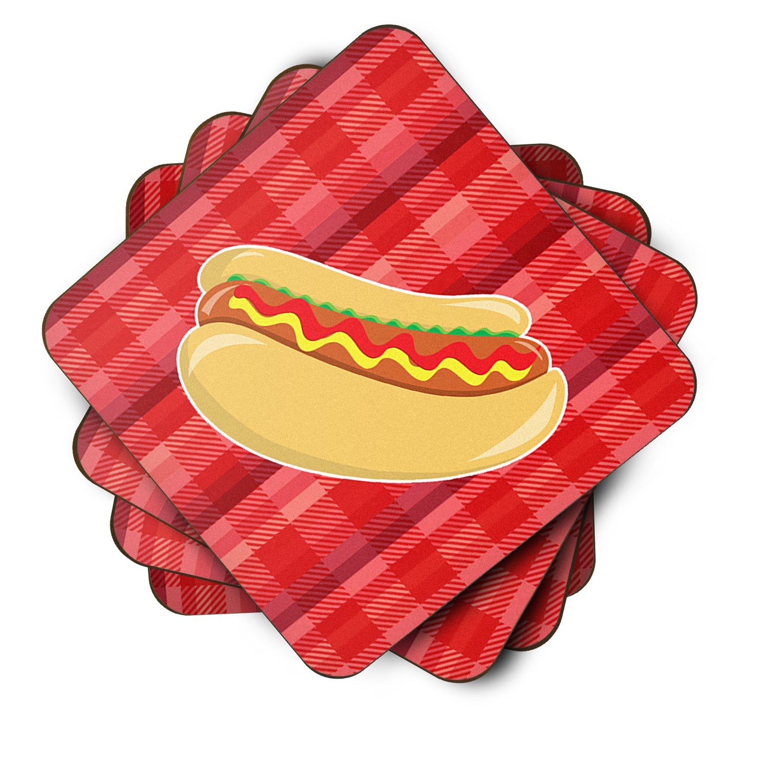 Hot Dog Plaid Foam Coasters Set of 4 Cup Coasters for Indoor Outdoor, Tabletop Protection, Anti Slip, Mouse pad Material