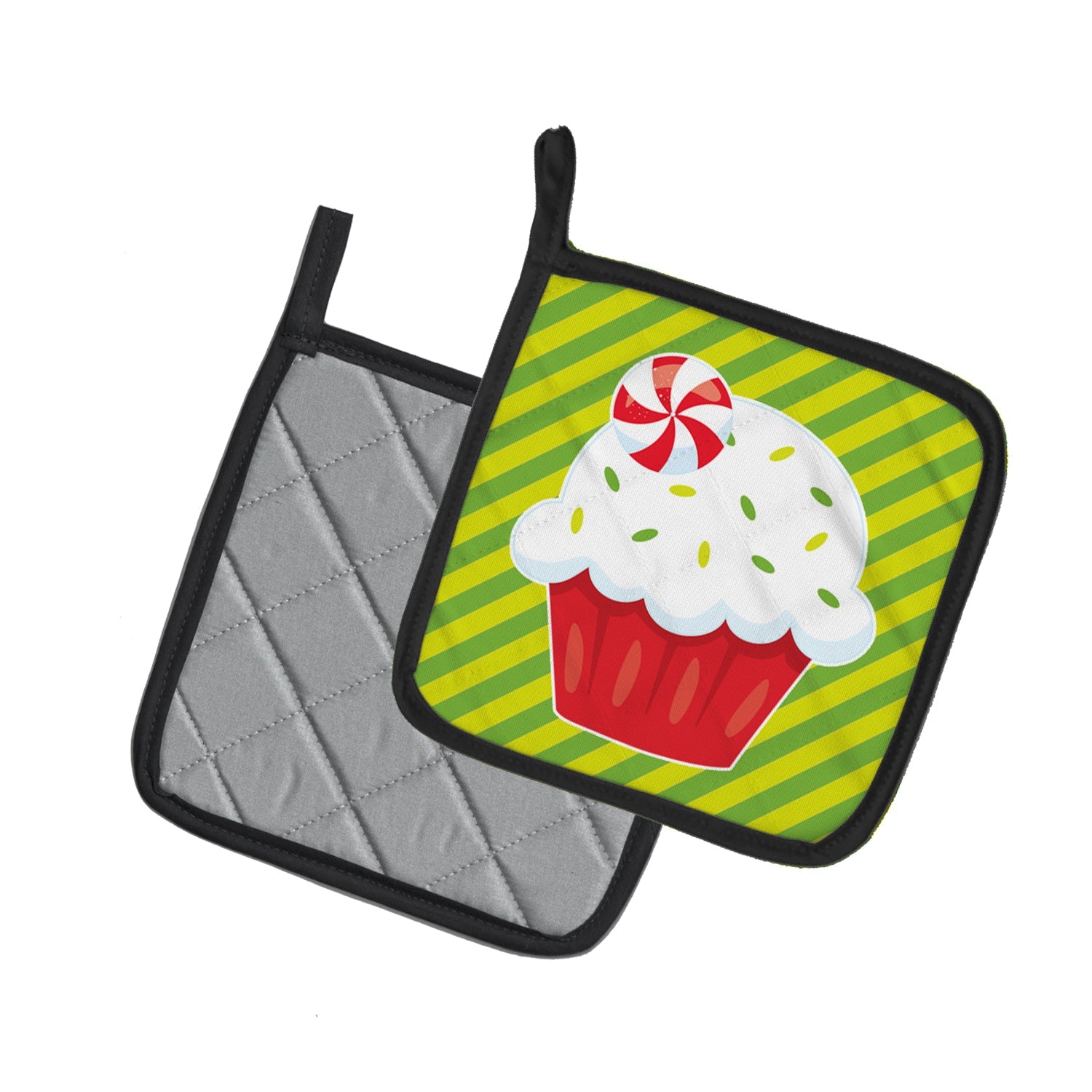 Christmas Pepermint Cupcake Pot Holder Set of 2 Heat Resistant Quilted Hot Pads 7.5 x 7.5 Inch, Insulated Kitchen Trivets for Cooking & Baking