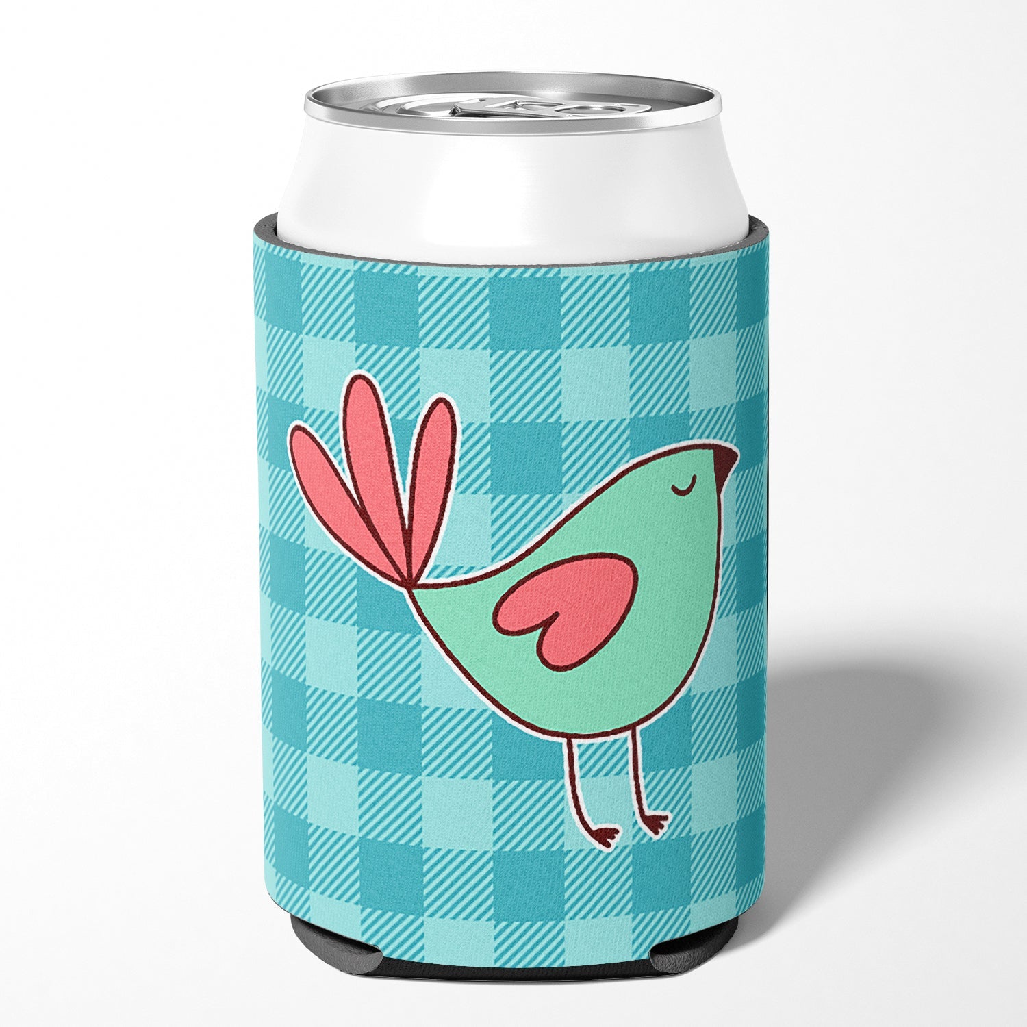 Bird on Blue Plaid Can or Bottle Hugger Cooler Sleeve for Standard 12 oz Cans, Insulated Foam Beer & Soda Can Hugger Reusable
