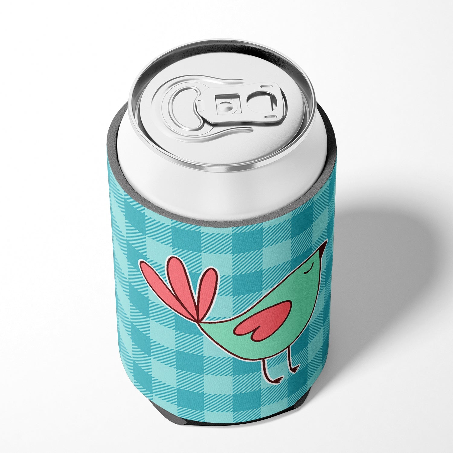 Bird on Blue Plaid Can or Bottle Hugger Cooler Sleeve for Standard 12 oz Cans, Insulated Foam Beer & Soda Can Hugger Reusable