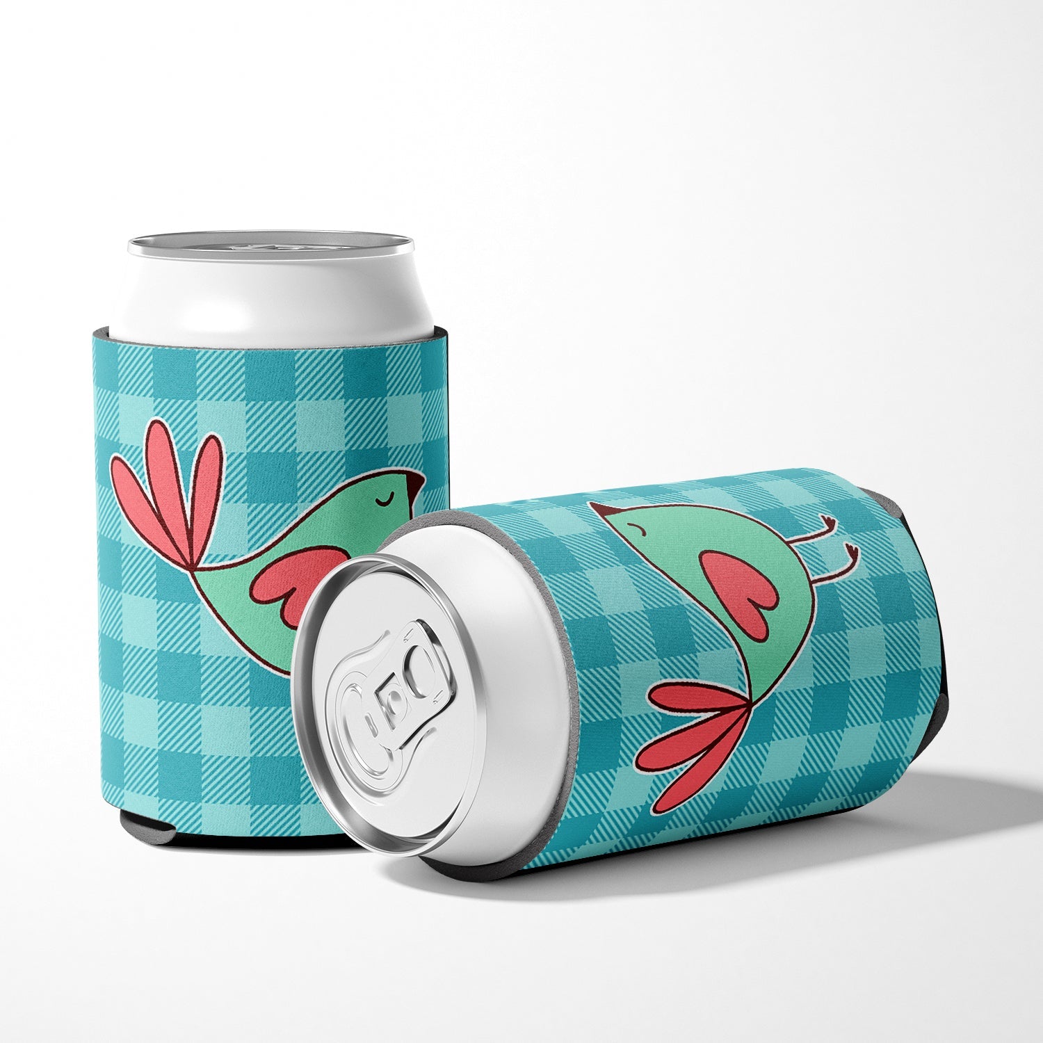Bird on Blue Plaid Can or Bottle Hugger Cooler Sleeve for Standard 12 oz Cans, Insulated Foam Beer & Soda Can Hugger Reusable