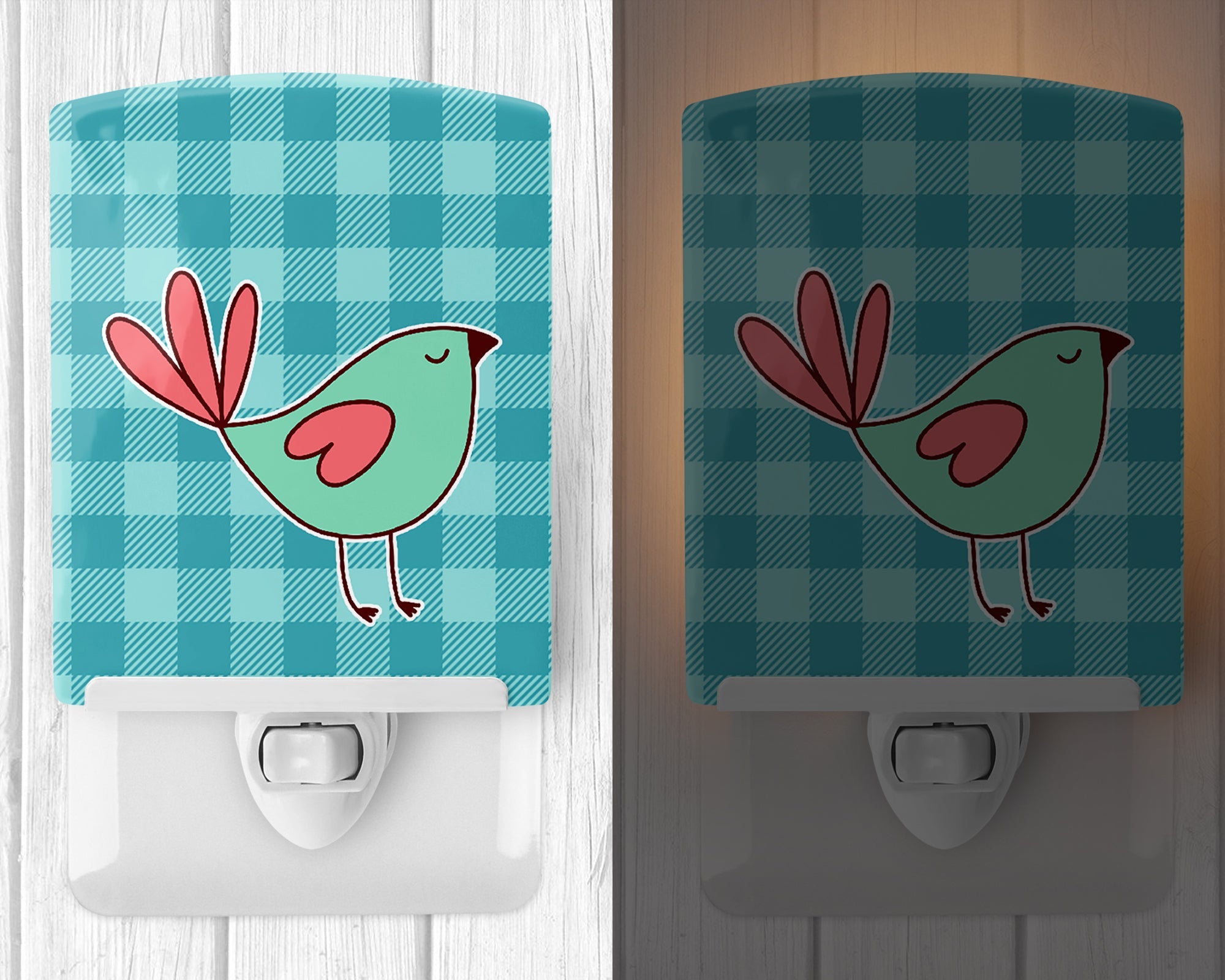 Bird on Blue Plaid Ceramic Night Light Compact, UL-Certified, Ideal for Bedroom, Bathroom, Nursery, Hallway, Kitchen, 6x4x3, Multicolor