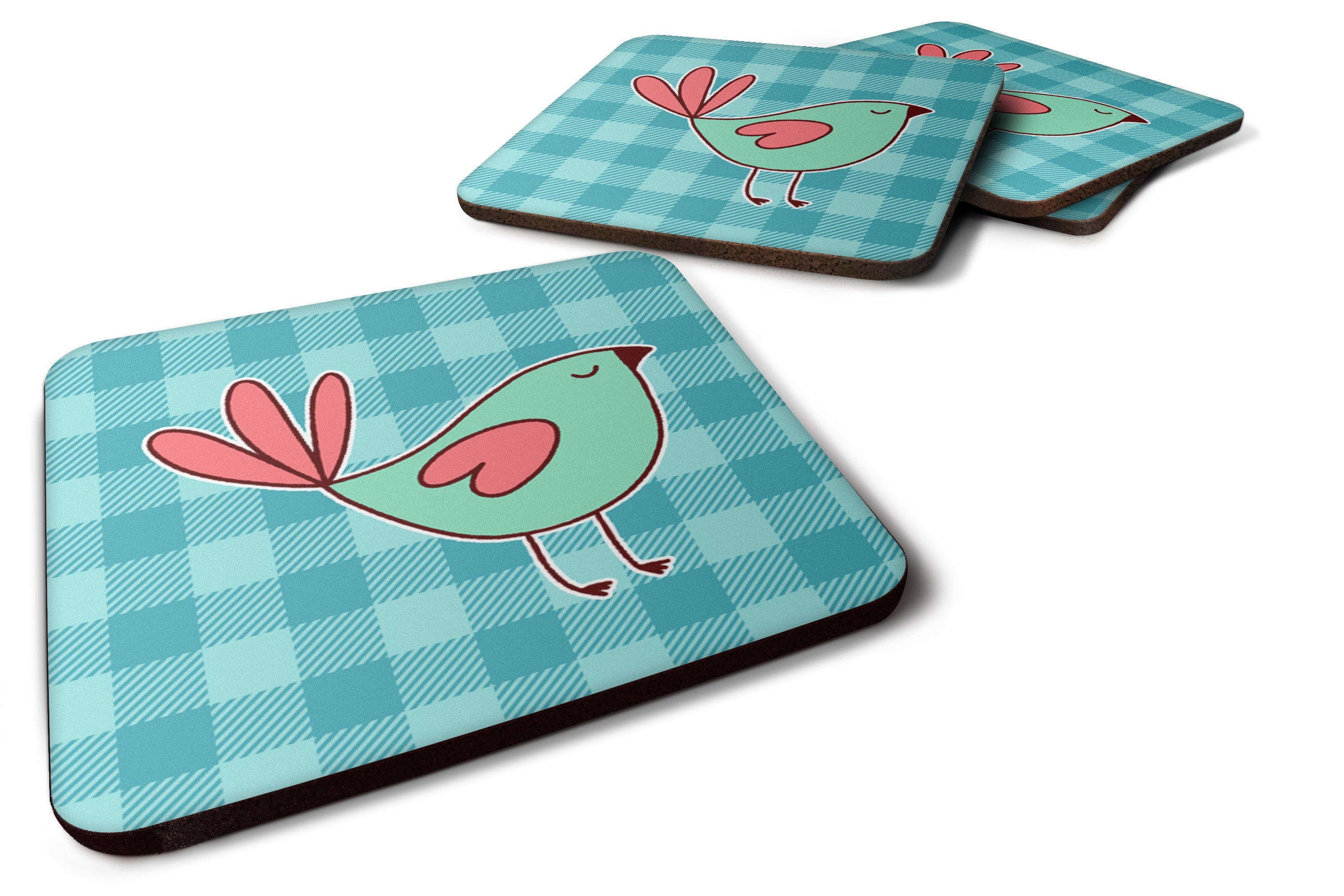 Bird on Blue Plaid Foam Coasters Set of 4 Cup Coasters for Indoor Outdoor, Tabletop Protection, Anti Slip, Mouse pad Material