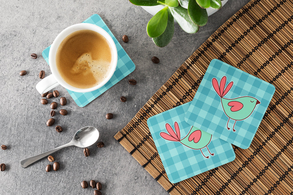 Bird on Blue Plaid Foam Coasters Set of 4 Cup Coasters for Indoor Outdoor, Tabletop Protection, Anti Slip, Mouse pad Material