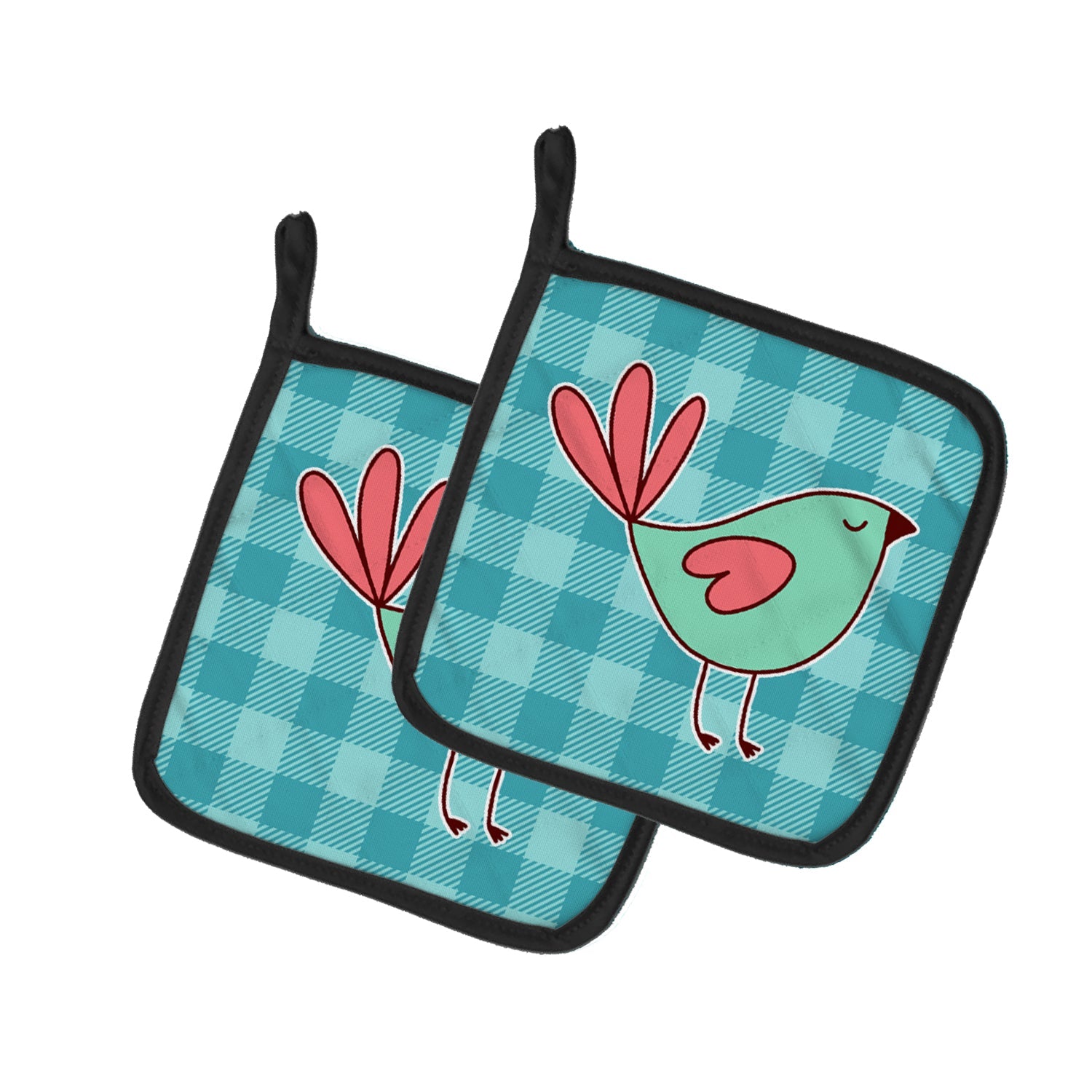 Bird on Blue Plaid Pot Holder Set of 2 Heat Resistant Quilted Hot Pads 7.5 x 7.5 Inch, Insulated Kitchen Trivets for Cooking & Baking