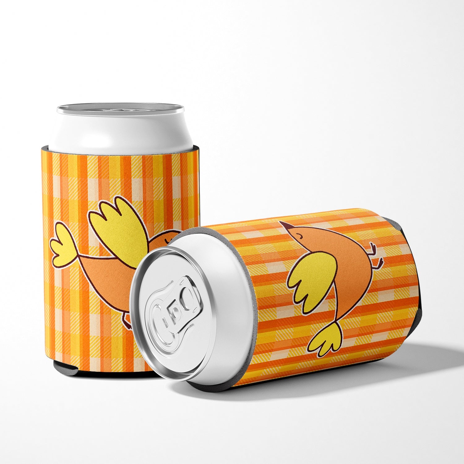 Bird on Orange Plaid Can or Bottle Hugger Cooler Sleeve for Standard 12 oz Cans, Insulated Foam Beer & Soda Can Hugger Reusable