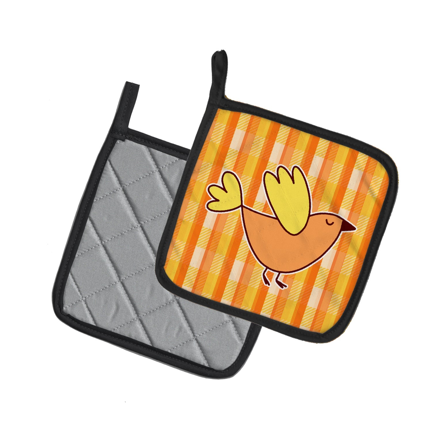 Bird on Orange Plaid Pot Holder Set of 2 Heat Resistant Quilted Hot Pads 7.5 x 7.5 Inch, Insulated Kitchen Trivets for Cooking & Baking