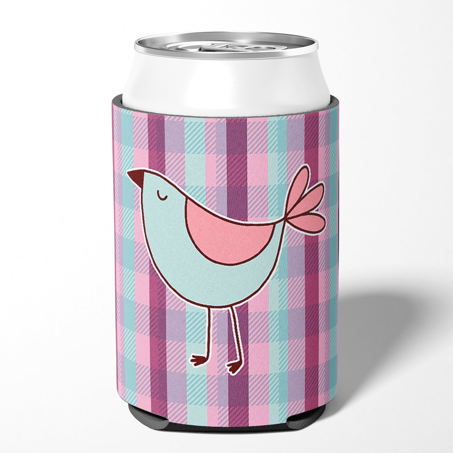 Bird on Purple Plaid Can or Bottle Hugger Cooler Sleeve for Standard 12 oz Cans, Insulated Foam Beer & Soda Can Hugger Reusable