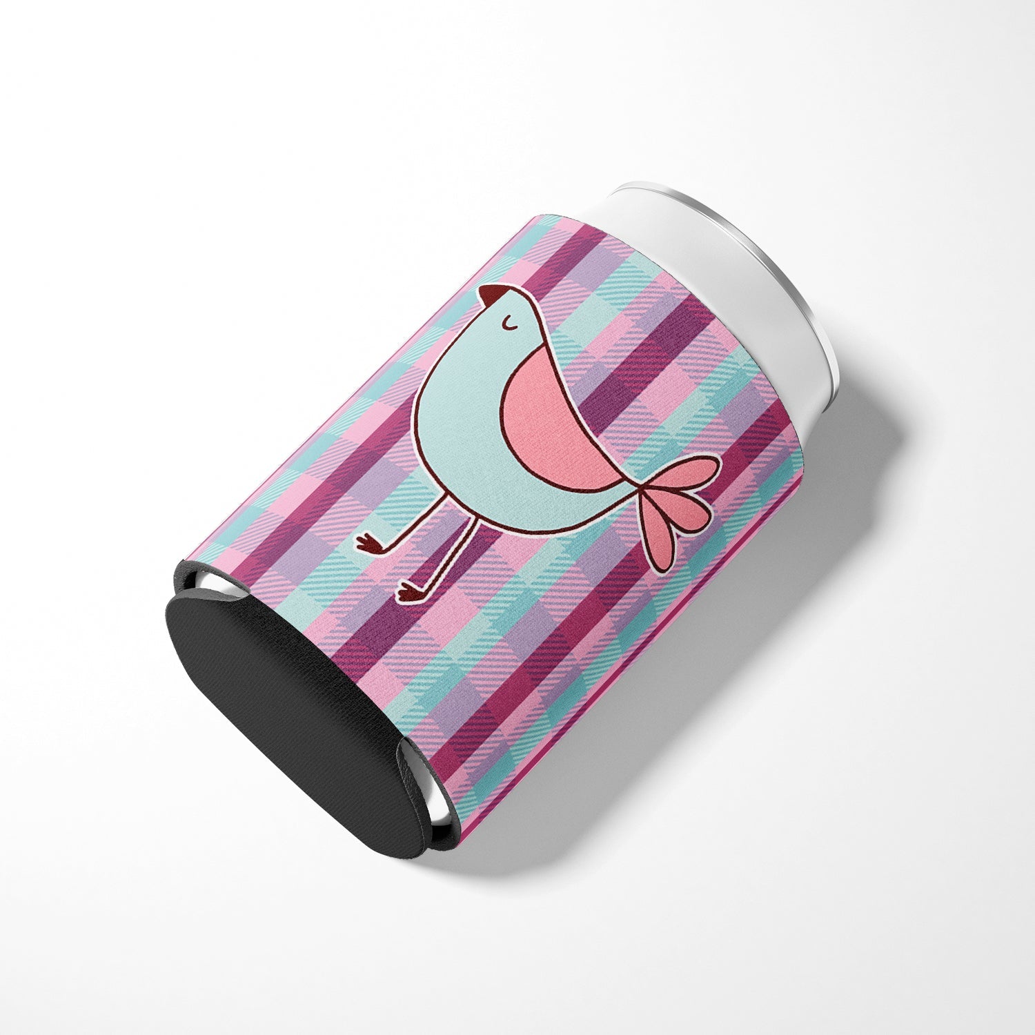 Bird on Purple Plaid Can or Bottle Hugger Cooler Sleeve for Standard 12 oz Cans, Insulated Foam Beer & Soda Can Hugger Reusable