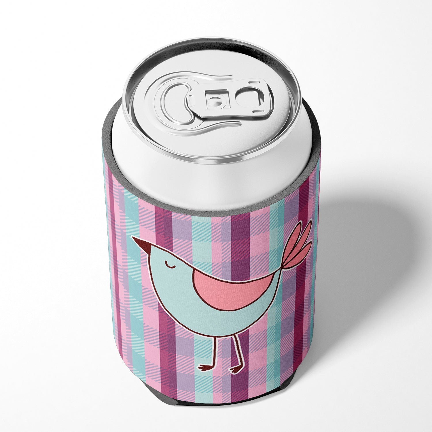 Bird on Purple Plaid Can or Bottle Hugger Cooler Sleeve for Standard 12 oz Cans, Insulated Foam Beer & Soda Can Hugger Reusable
