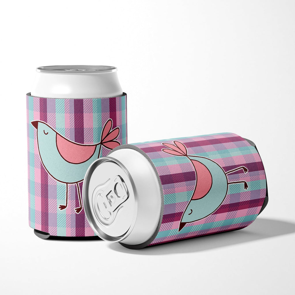 Bird on Purple Plaid Can or Bottle Hugger Cooler Sleeve for Standard 12 oz Cans, Insulated Foam Beer & Soda Can Hugger Reusable