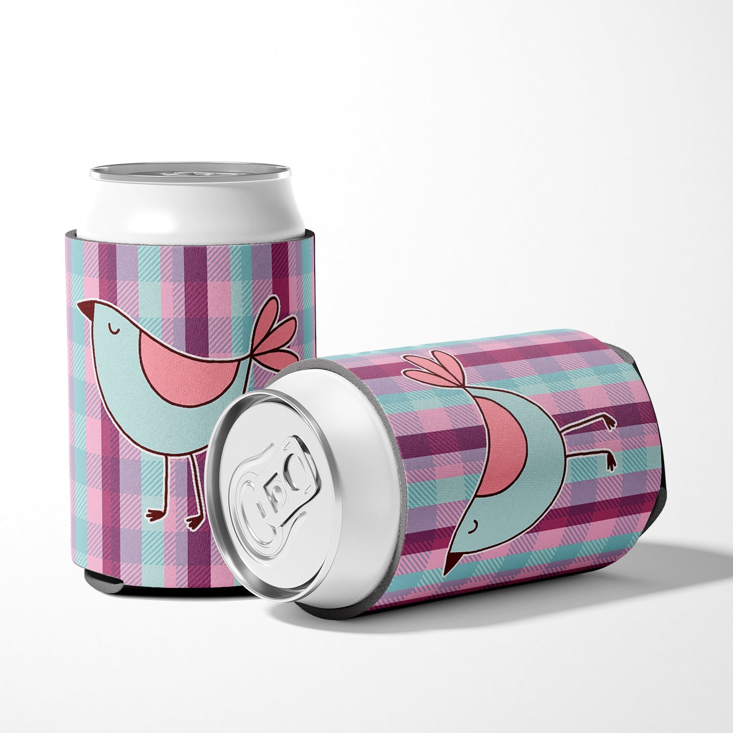 Bird on Purple Plaid Can or Bottle Hugger Cooler Sleeve for Standard 12 oz Cans, Insulated Foam Beer & Soda Can Hugger Reusable