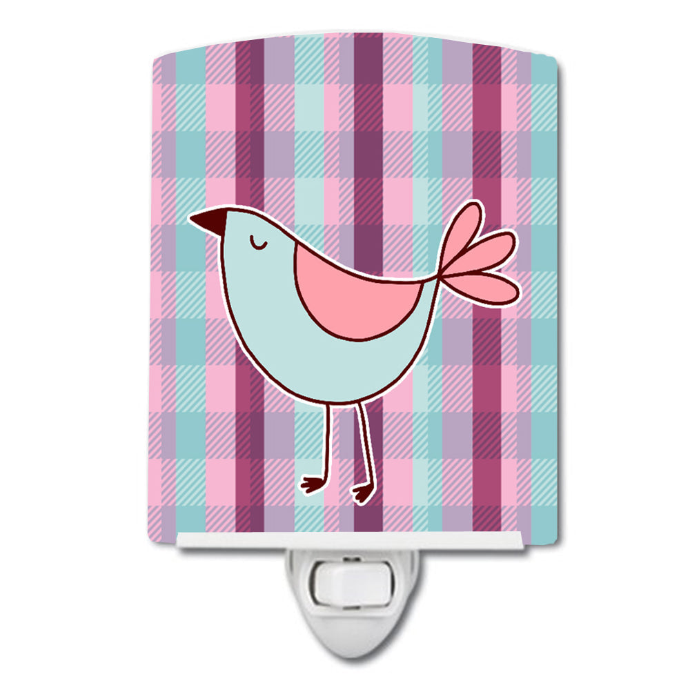 Bird on Purple Plaid Ceramic Night Light Compact, UL-Certified, Ideal for Bedroom, Bathroom, Nursery, Hallway, Kitchen, 6x4x3, Multicolor