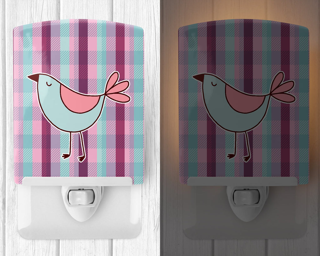 Bird on Purple Plaid Ceramic Night Light Compact, UL-Certified, Ideal for Bedroom, Bathroom, Nursery, Hallway, Kitchen, 6x4x3, Multicolor