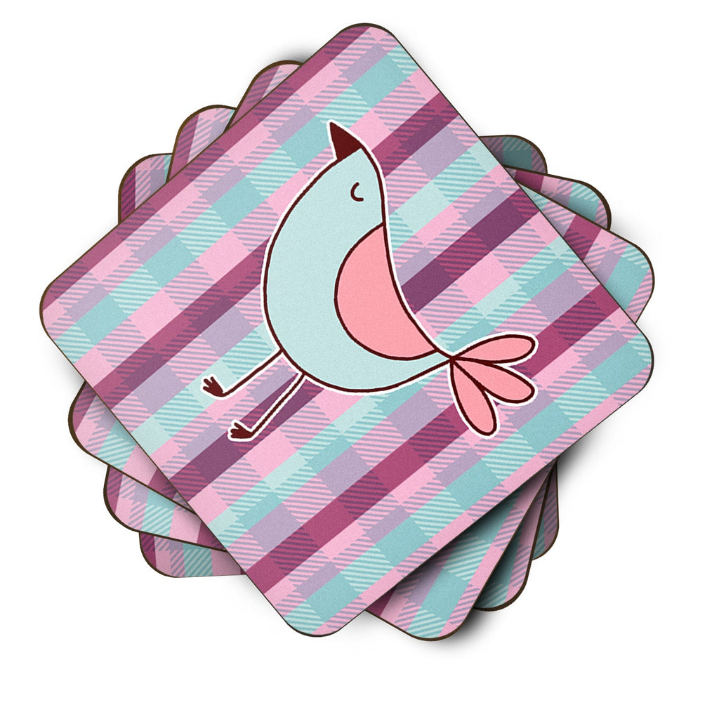 Bird on Purple Plaid Foam Coasters Set of 4 Cup Coasters for Indoor Outdoor, Tabletop Protection, Anti Slip, Mouse pad Material