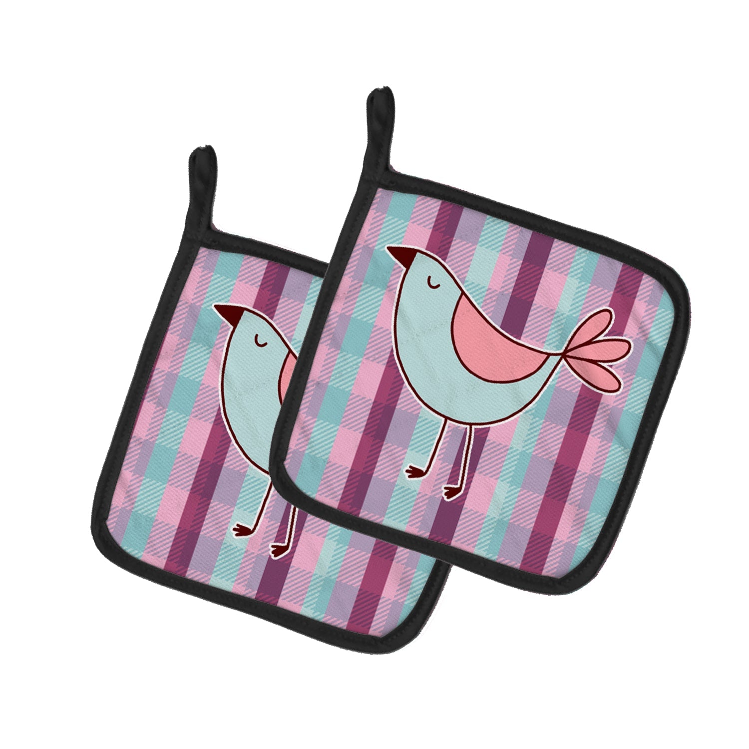 Bird on Purple Plaid Pot Holder Set of 2 Heat Resistant Quilted Hot Pads 7.5 x 7.5 Inch, Insulated Kitchen Trivets for Cooking & Baking
