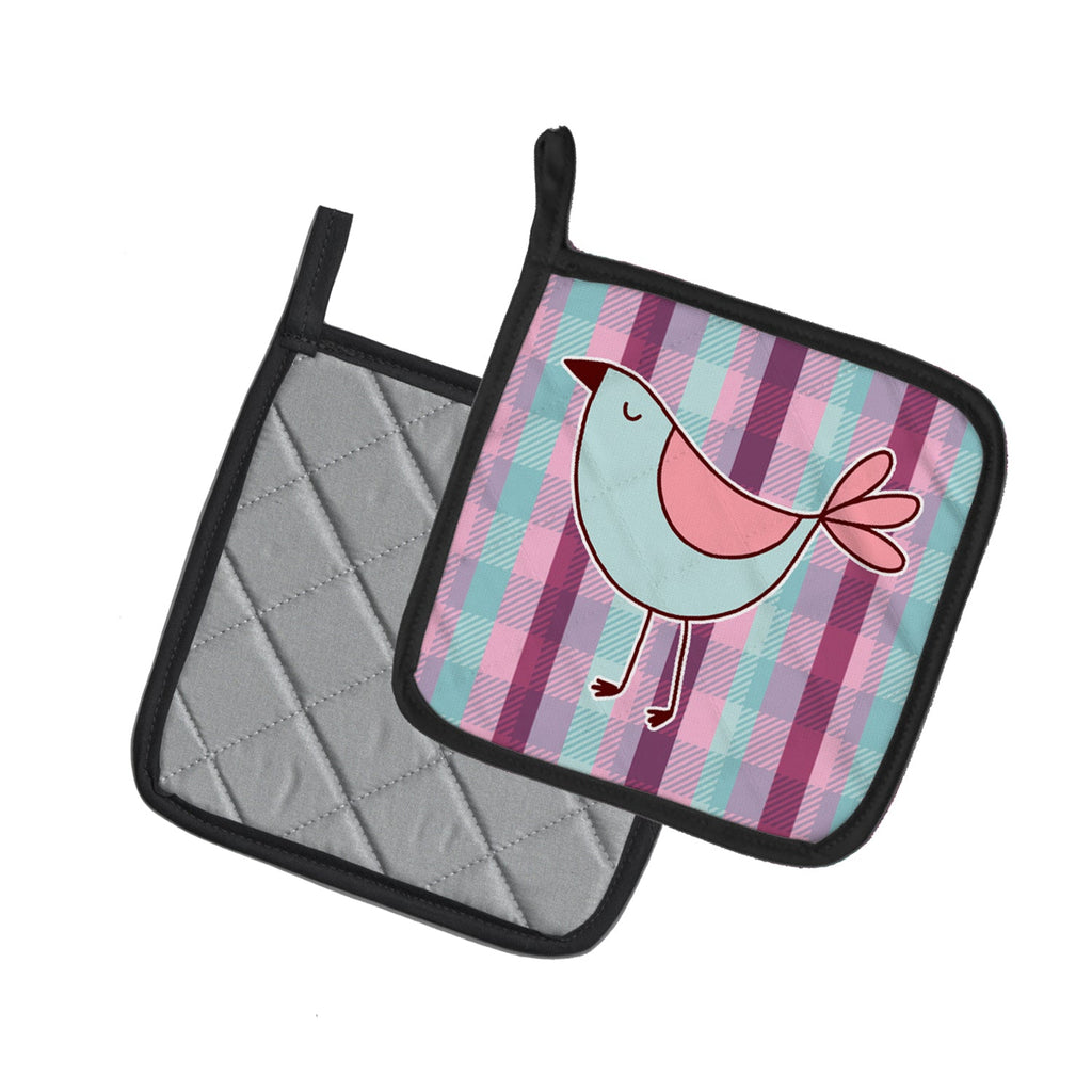 Bird on Purple Plaid Pot Holder Set of 2 Heat Resistant Quilted Hot Pads 7.5 x 7.5 Inch, Insulated Kitchen Trivets for Cooking & Baking