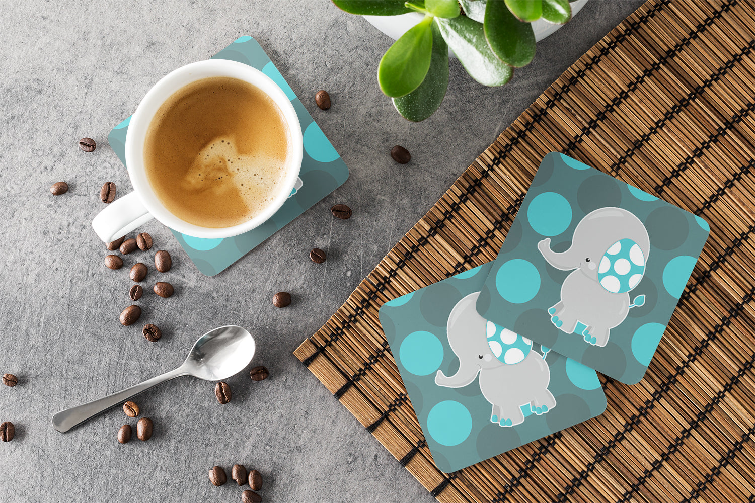 Polkadot Grey Elephant Foam Coasters Set of 4 Cup Coasters for Indoor Outdoor, Tabletop Protection, Anti Slip, Mouse pad Material