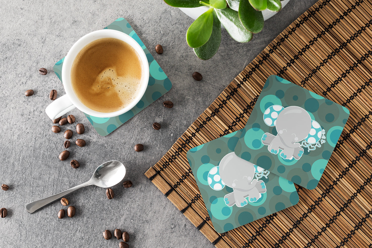 Polkadot Naptime Elephant Foam Coasters Set of 4 Cup Coasters for Indoor Outdoor, Tabletop Protection, Anti Slip, Mouse pad Material