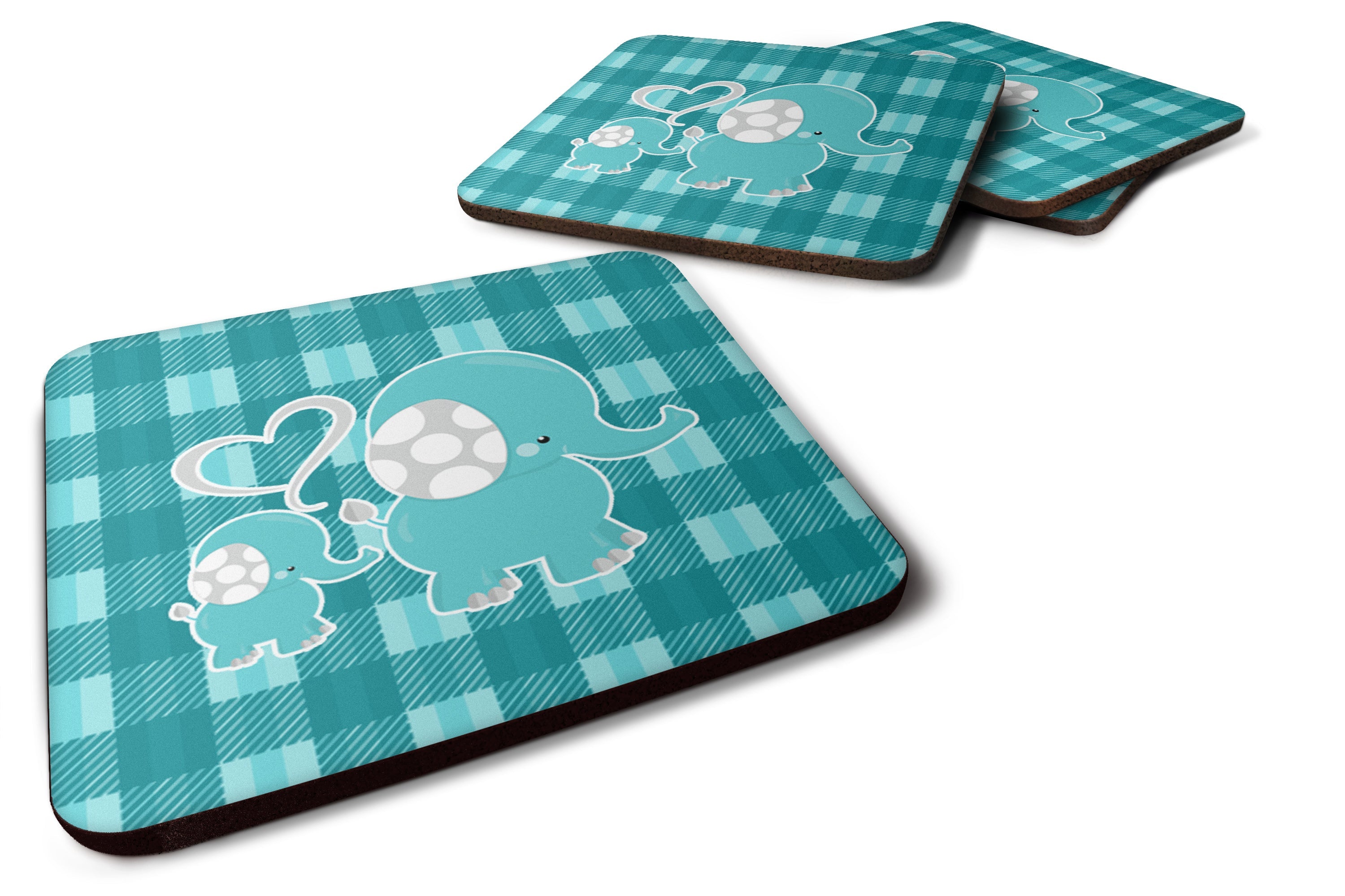 Plaid Momma and Baby Elephant Foam Coasters Set of 4 Cup Coasters for Indoor Outdoor, Tabletop Protection, Anti Slip, Mouse pad Material