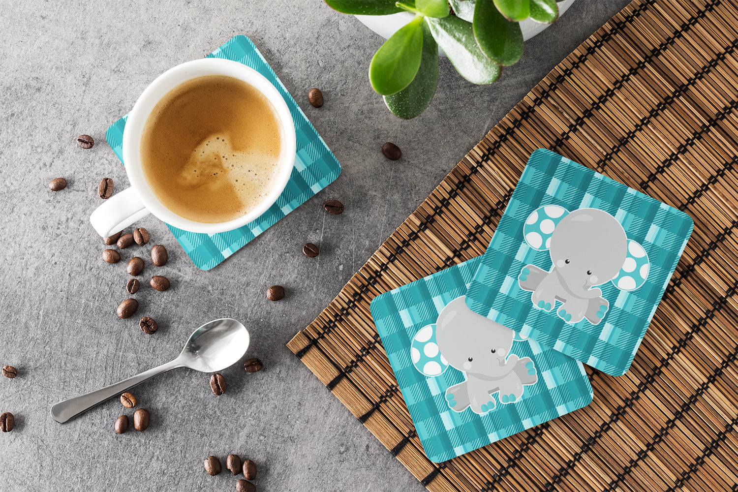 Plaid Elephant Foam Coasters Set of 4 Cup Coasters for Indoor Outdoor, Tabletop Protection, Anti Slip, Mouse pad Material