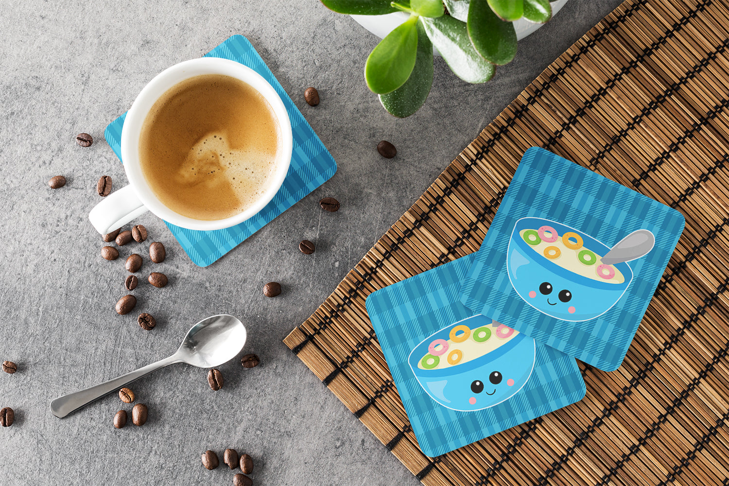 Blue bowl of Cereal Foam Coasters Set of 4 Cup Coasters for Indoor Outdoor, Tabletop Protection, Anti Slip, Mouse pad Material