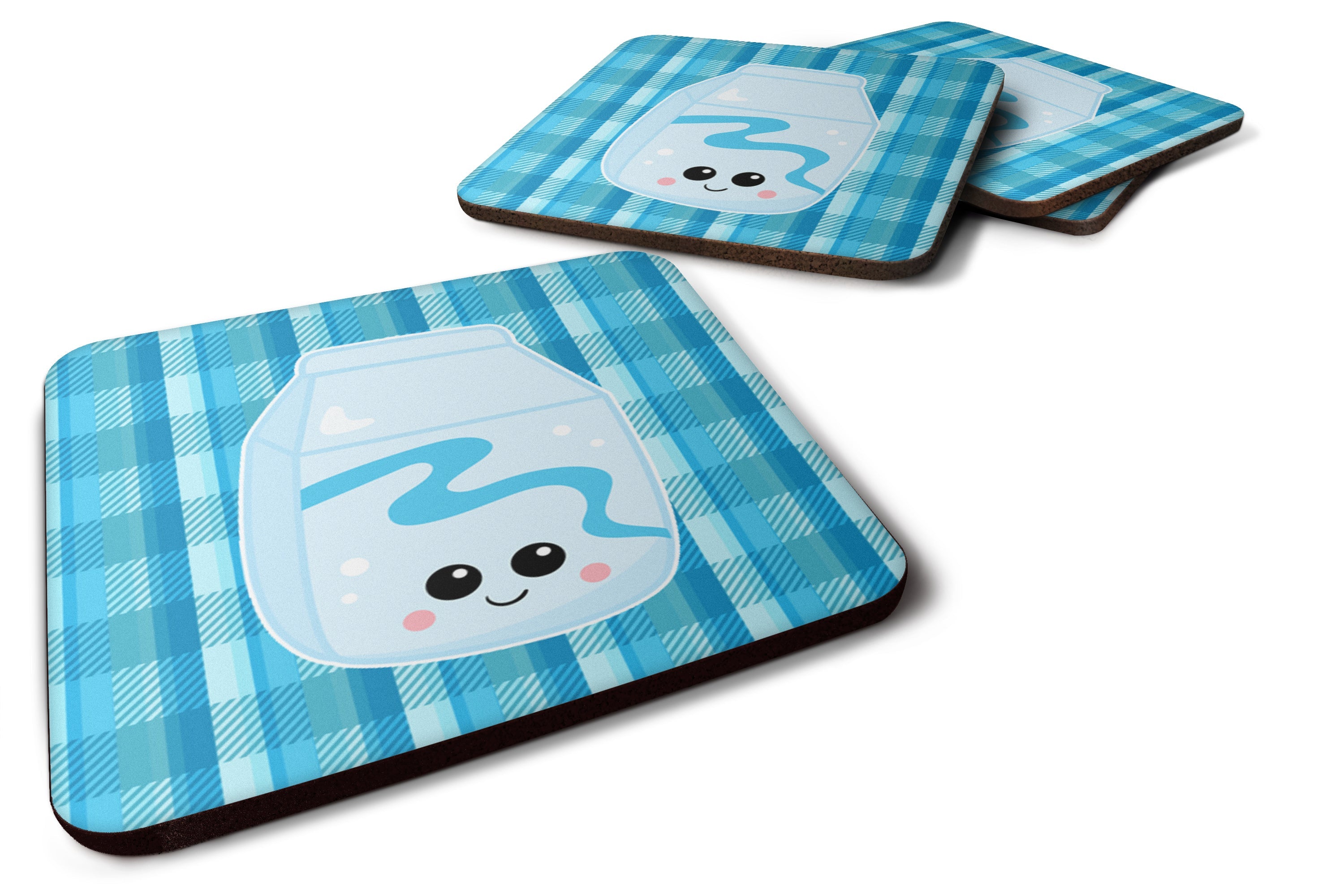 Blue Plaid and Milk Foam Coasters Set of 4 Cup Coasters for Indoor Outdoor, Tabletop Protection, Anti Slip, Mouse pad Material
